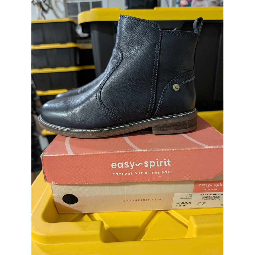 Easy Spirit Juna Dark Blue Leather Ankle Boots Wide Width 7.5W Side Zip Booties